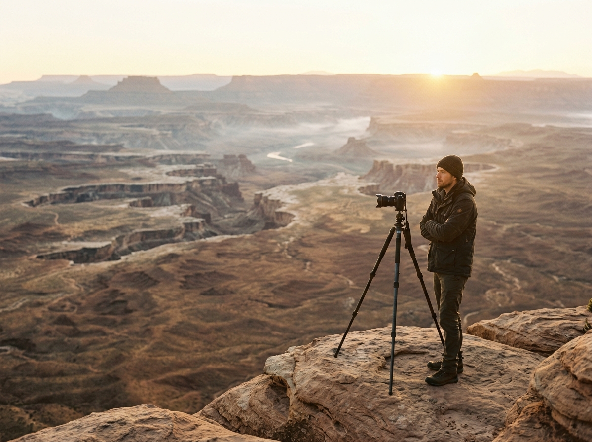 A photographer looking at a beautiful but empty landscape, symbolizing great content that goes unseen.