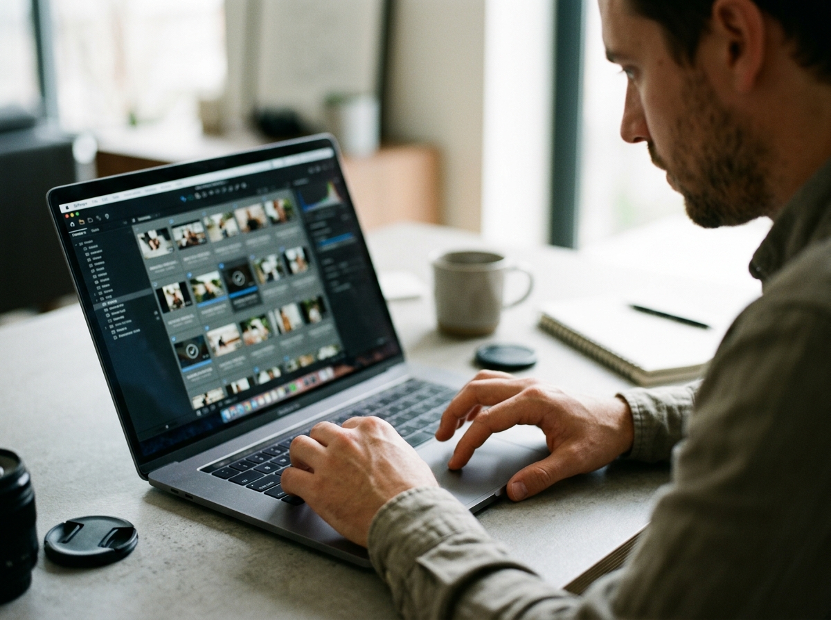 Close-up of a content creator's hands quickly and efficiently tagging a batch of videos on a laptop.