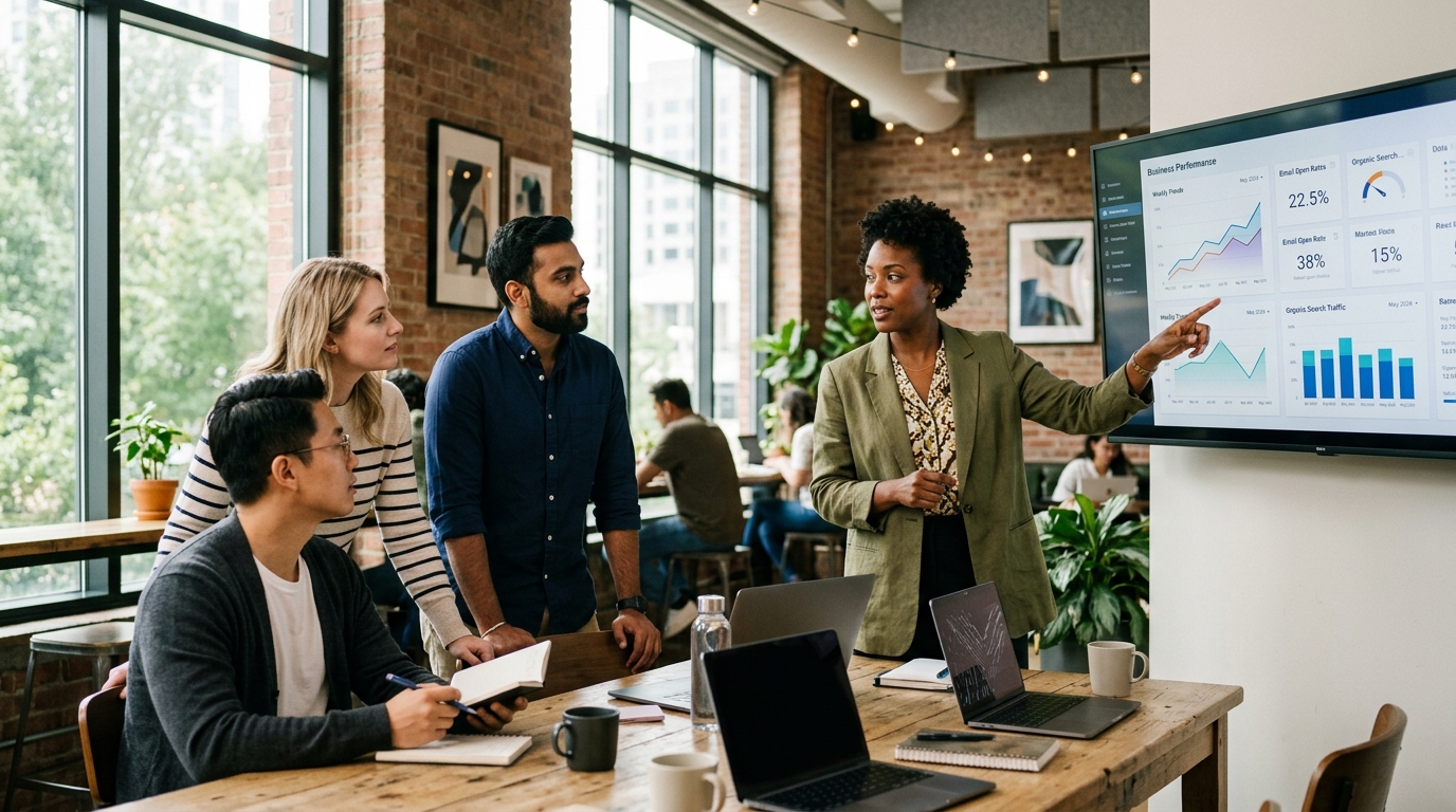 A marketing team collaborates in a modern office, looking at a screen showing both email campaign analytics and SEO ranking data, illustrati