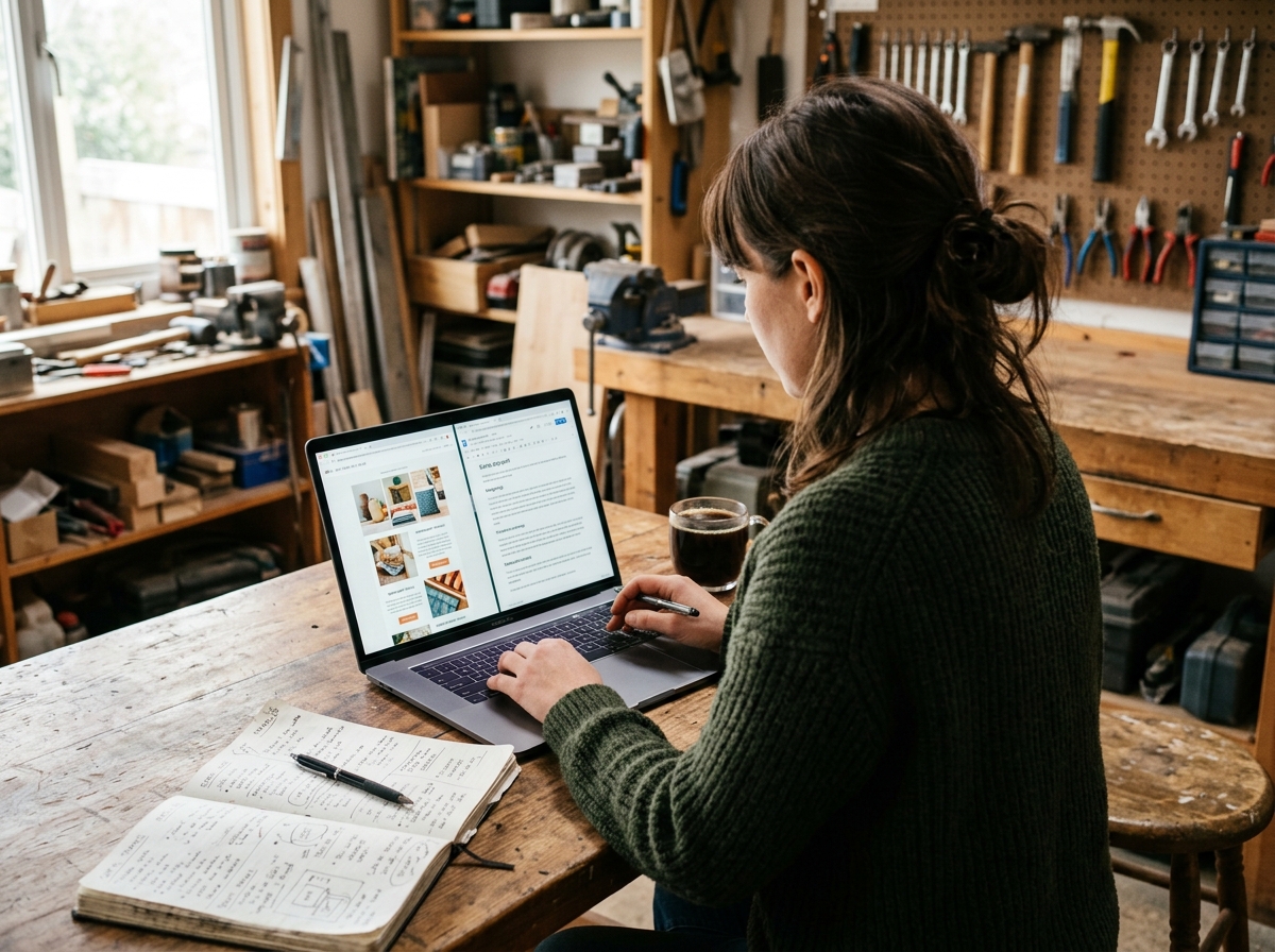 A content creator repurposing a successful email newsletter into a blog post on their laptop, with notes and coffee on the desk.