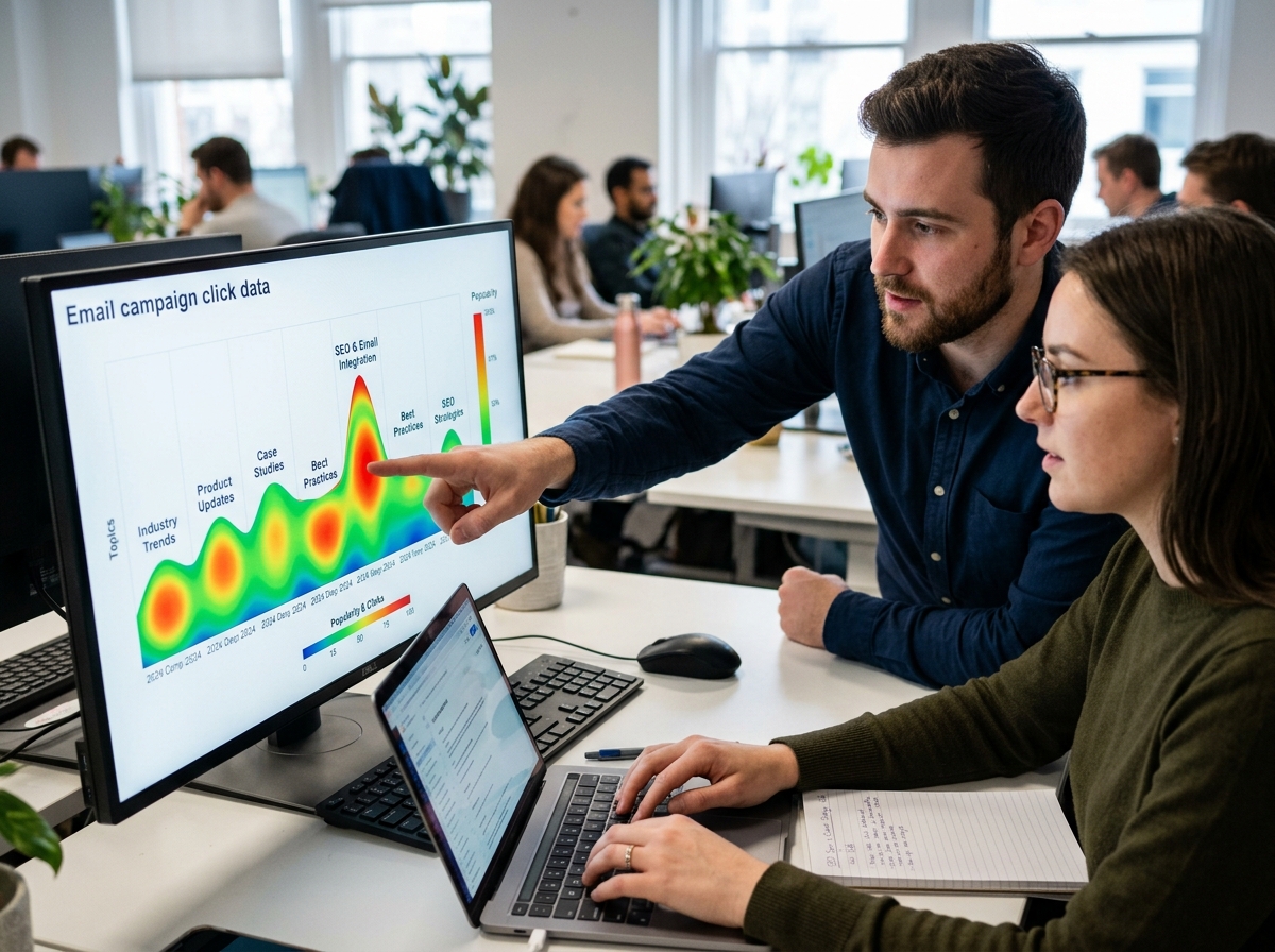 A data analyst pointing out insights on a screen showing email click-through rates by topic, informing an SEO content calendar.