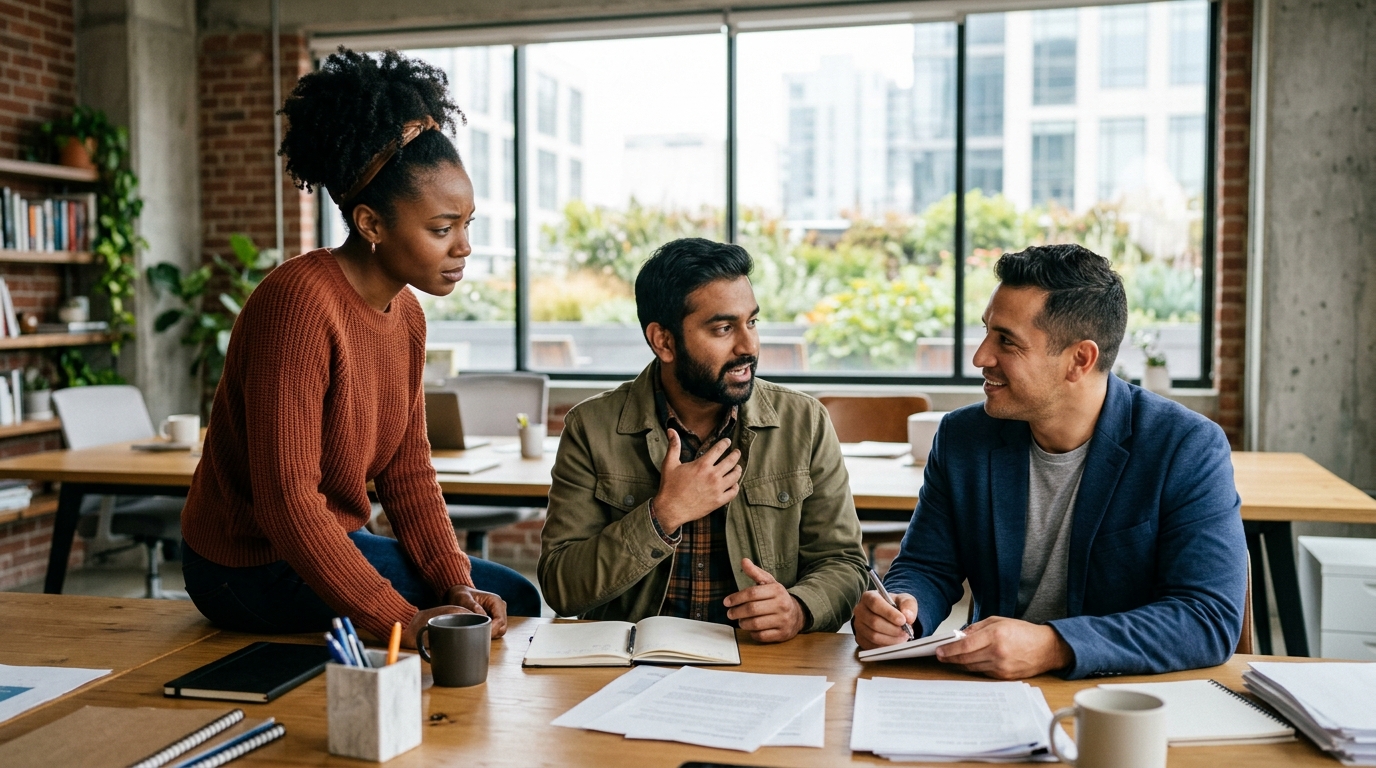 A diverse team of content marketers and SEO specialists collaborating around a large monitor displaying search engine results pages.