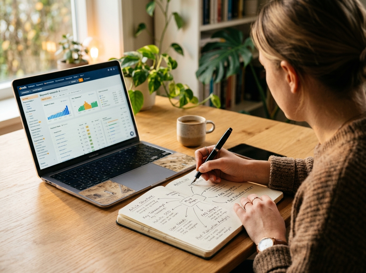 A content writer sketching an article outline in a notebook next to a laptop showing keyword research data.