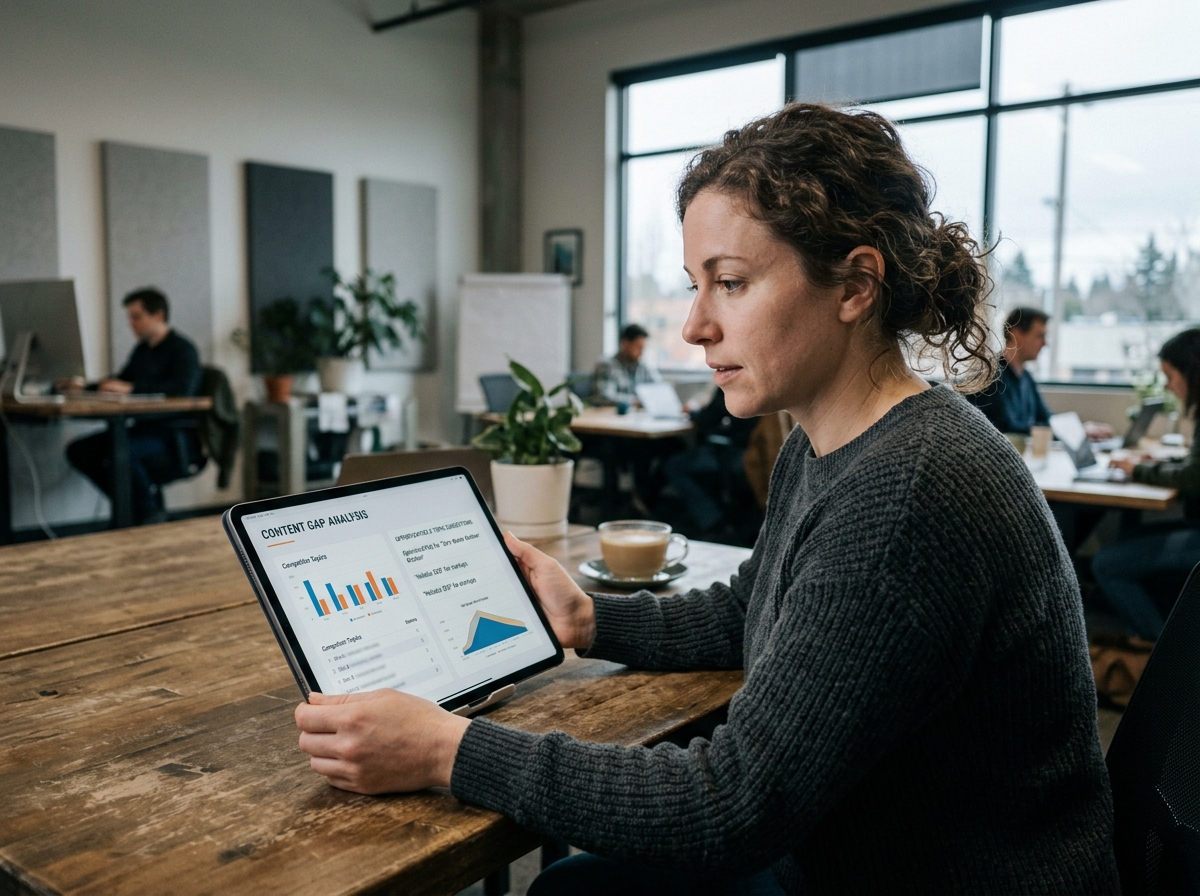 A small business owner looking thoughtfully at a tablet displaying a content gap analysis dashboard.