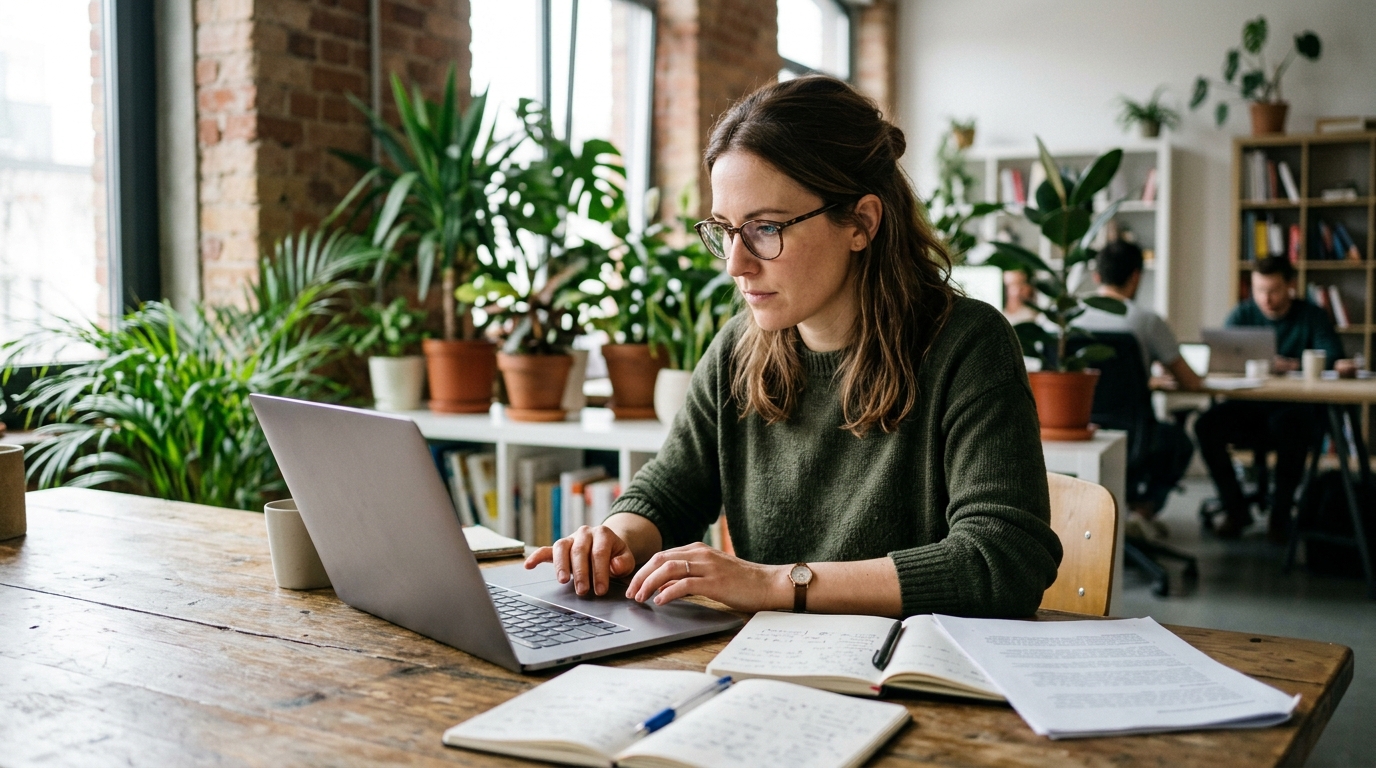 A content strategist thoughtfully editing an AI-generated article on a laptop in a bright, modern office.