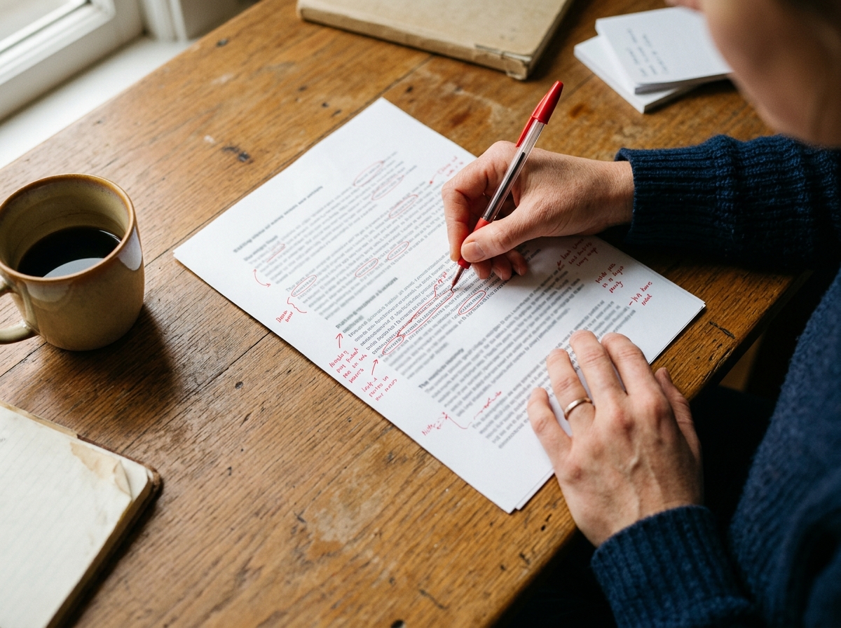 A close-up shot of a writer's hands adding handwritten notes to a printed AI-generated draft, symbolizing the human touch.