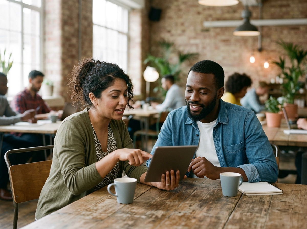 Two colleagues collaborating over a tablet, pointing at the screen and discussing content strategy in a casual meeting.