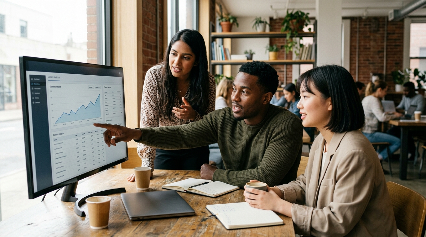 A team of three professionals in a startup office collaborating on a content strategy displayed on a monitor.