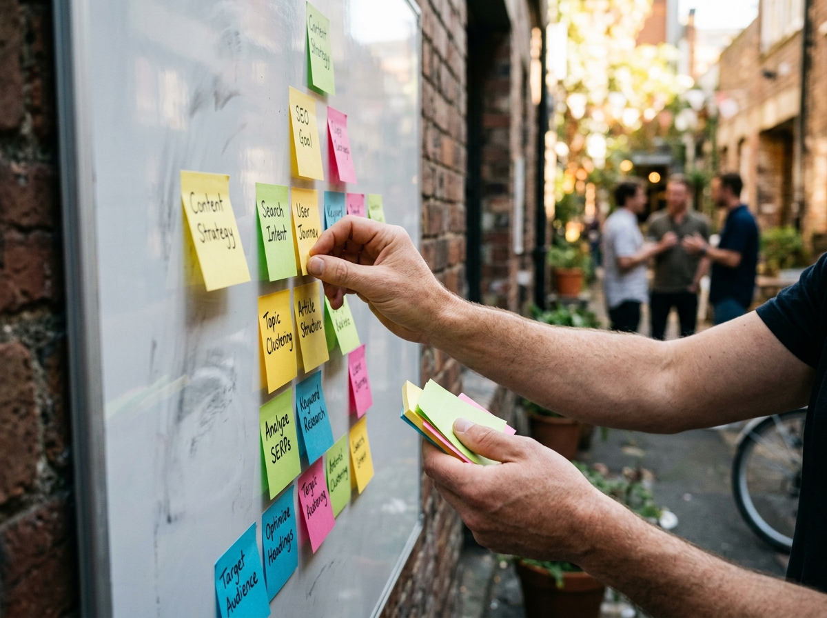 A content strategist's hands organizing color-coded sticky notes on a whiteboard to structure an SEO article.