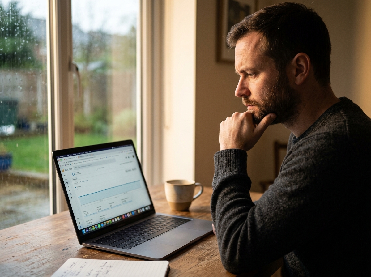 A solo founder looking thoughtfully at a laptop screen showing a stagnant website traffic graph.