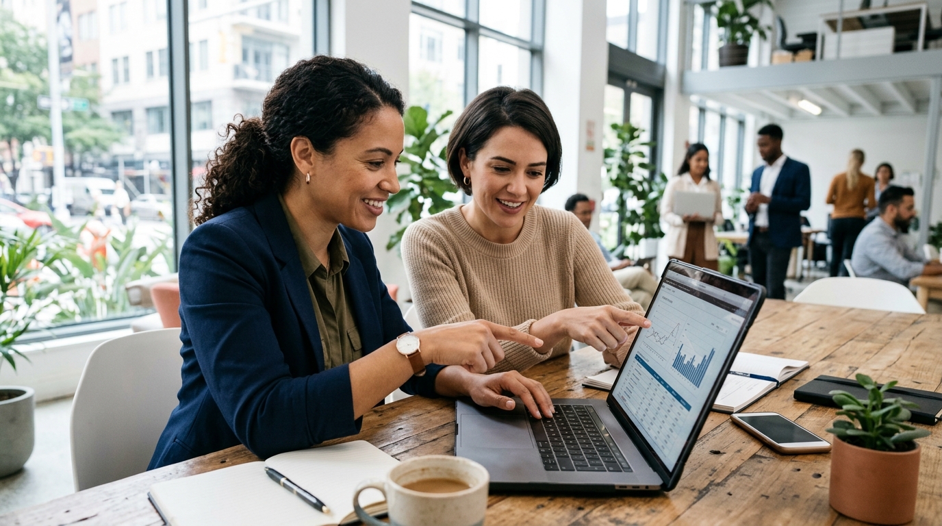 A content strategist and a startup founder collaborating on an SEO strategy for their articles.