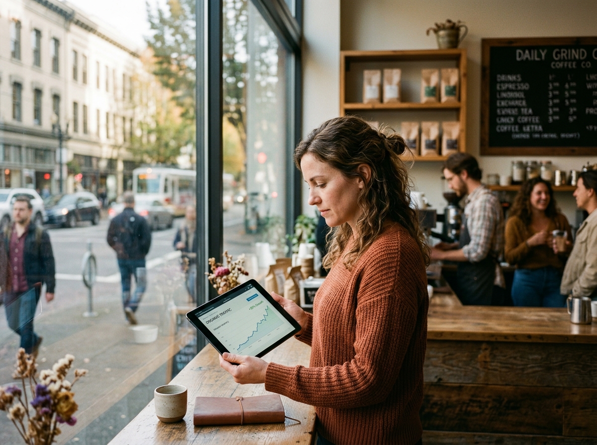 A small business owner reviewing her website's organic traffic growth on a tablet in her shop.