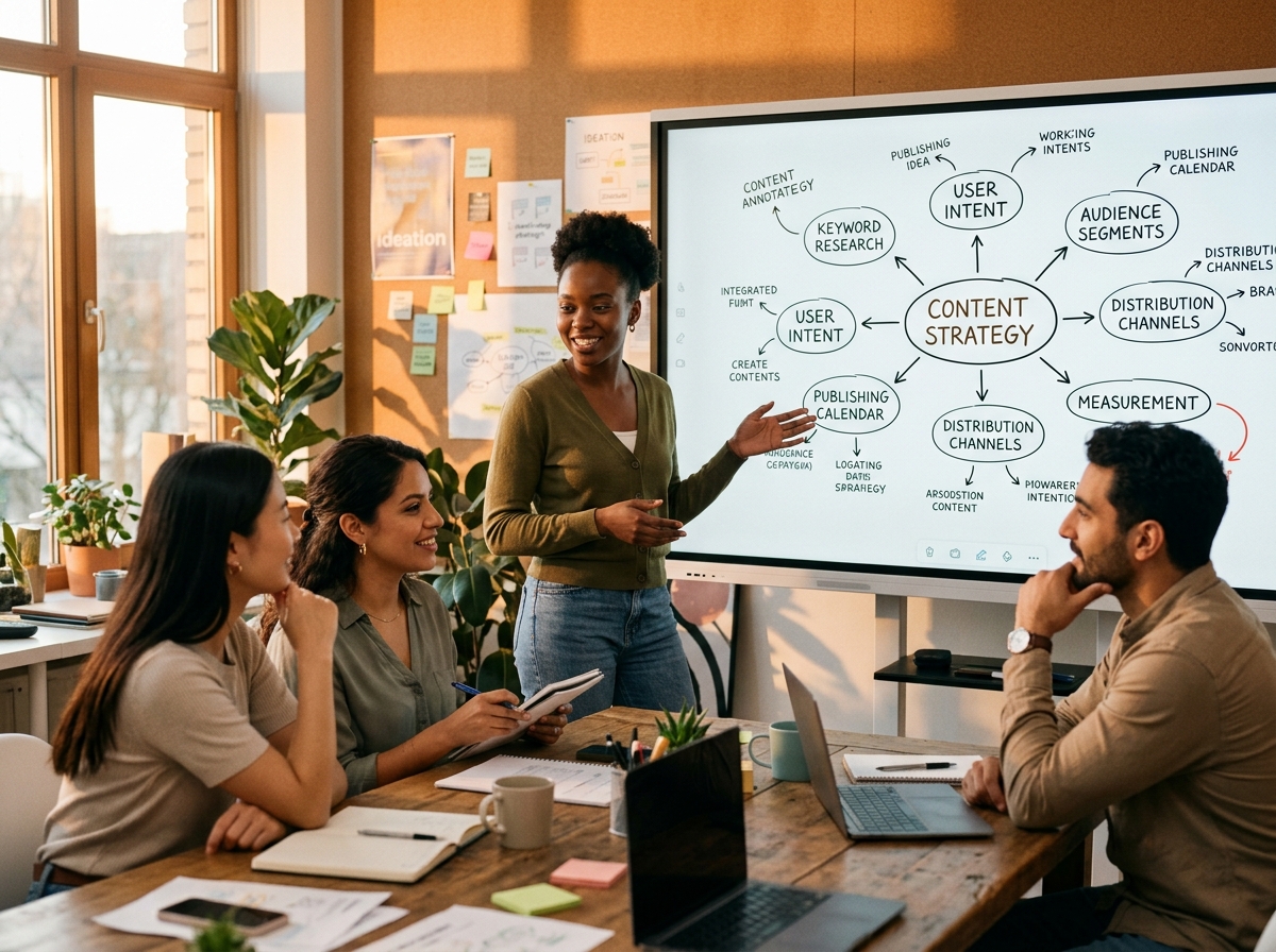 A marketing team analyzing an entity map on a digital whiteboard to plan their content strategy.