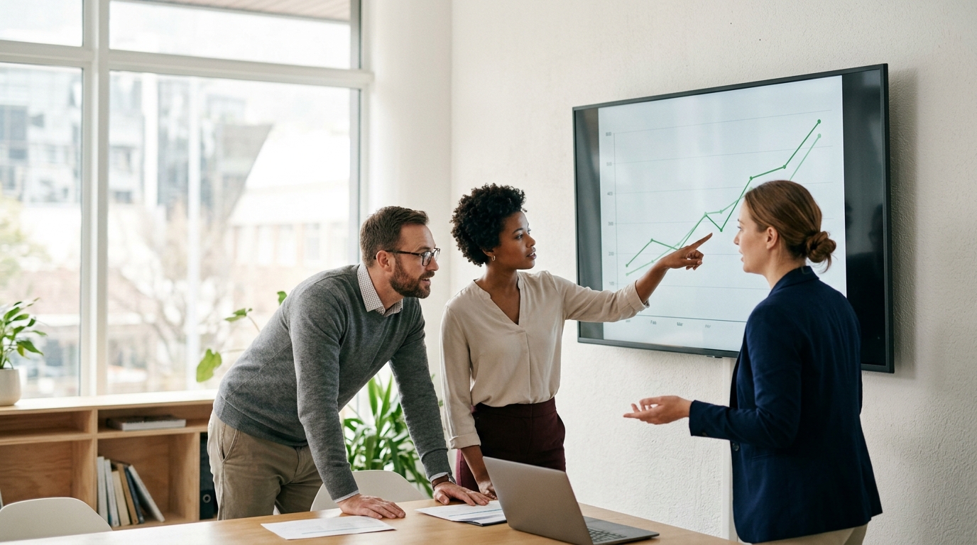 A team of content marketers analyzing an SEO performance dashboard with upward-trending graphs.