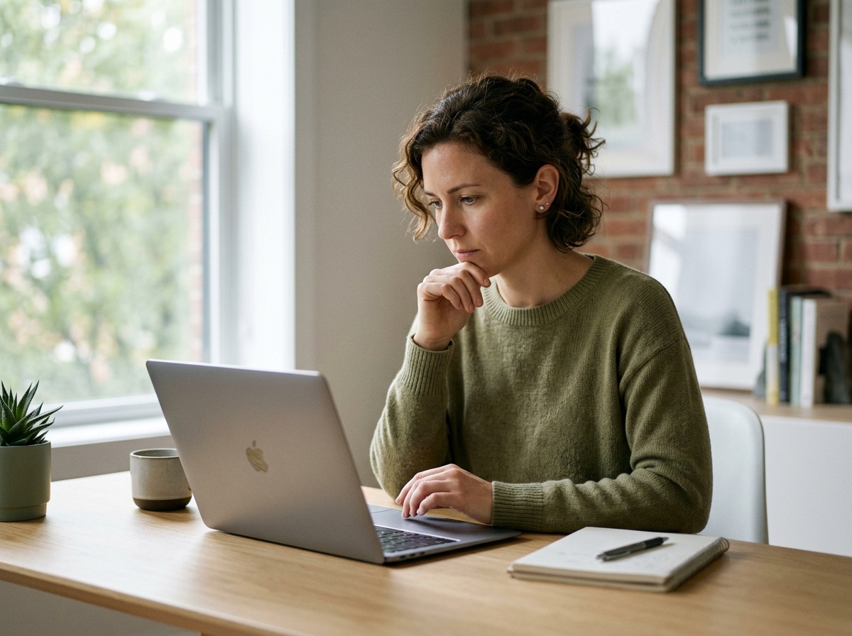 A startup founder thoughtfully comparing article rewriting software on her laptop.