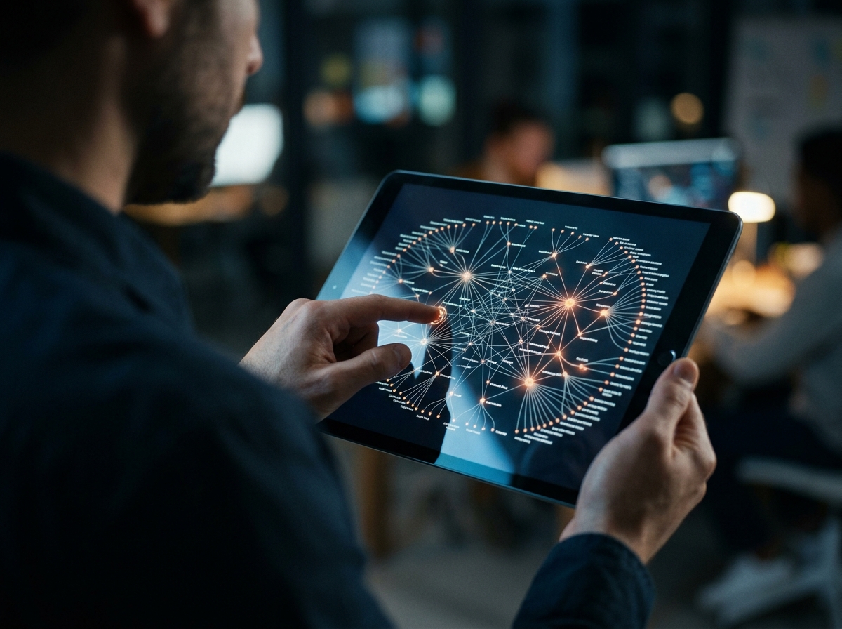 An SEO specialist using a tablet to view an AI-generated entity map for content optimization.