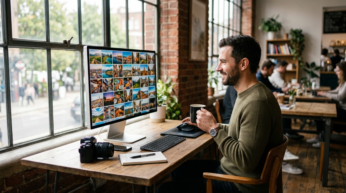A microstock photographer efficiently managing a large grid of photos on their monitor in a bright, modern studio.