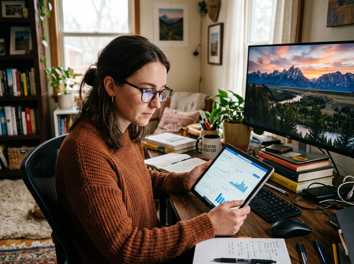 A creative professional analyzing keyword trend data on a tablet overlaid on a beautiful landscape photo.
