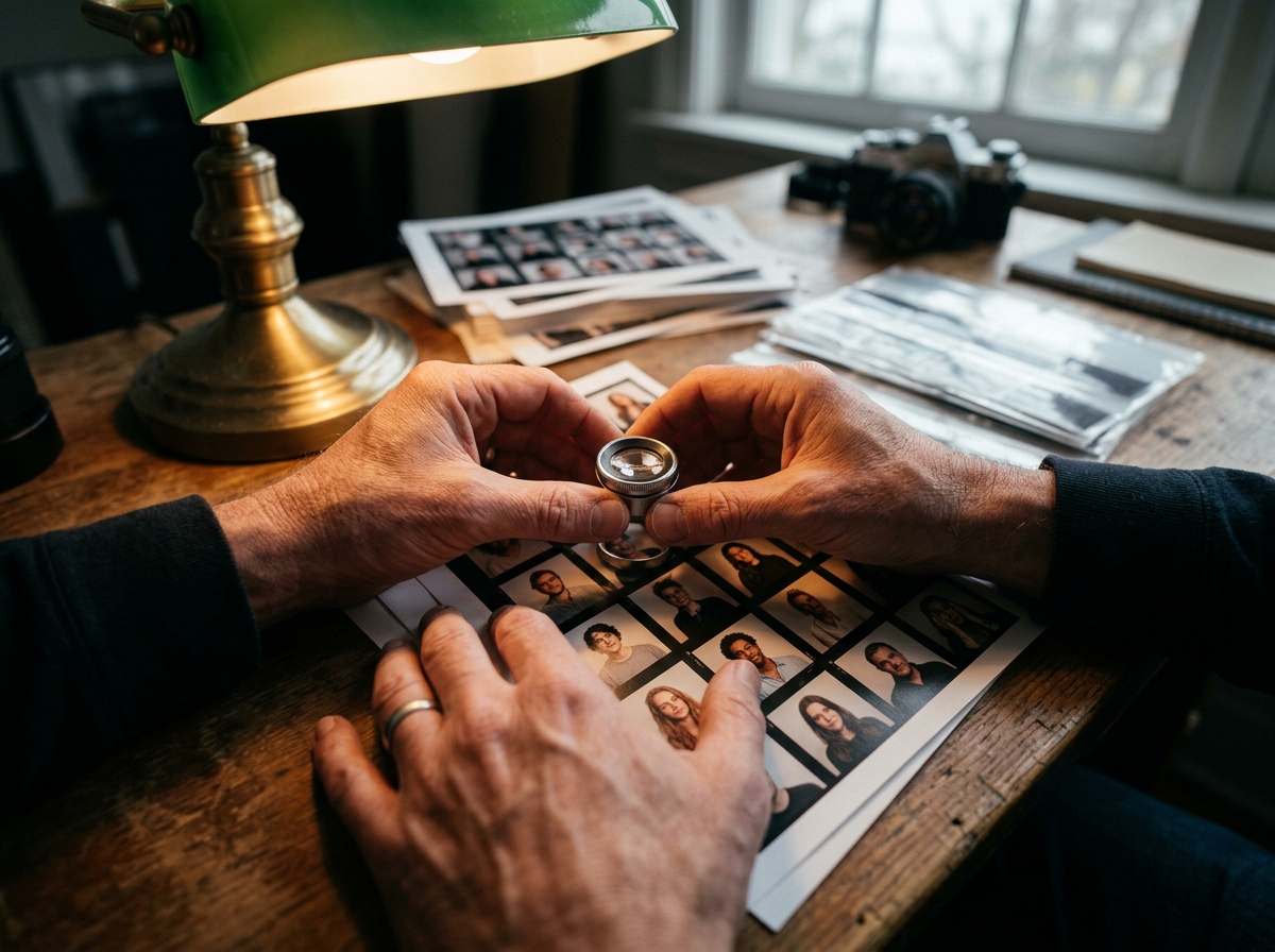 A close-up of a photographer's hands carefully reviewing a contact sheet of similar photos, ensuring quality control.