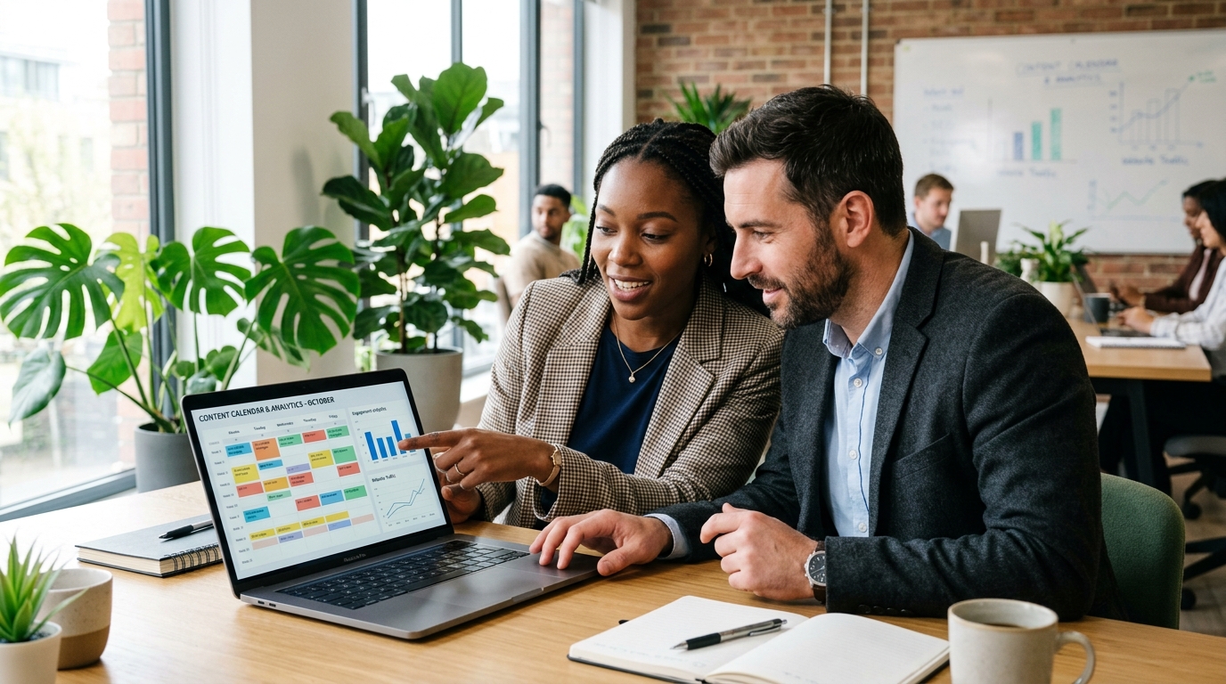 Two content strategists collaborating on an article posting strategy in a modern office.