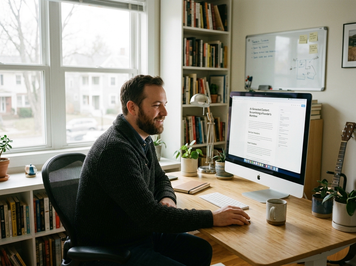A solo founder efficiently reviewing an AI-generated article for his SEO strategy at his home office desk.