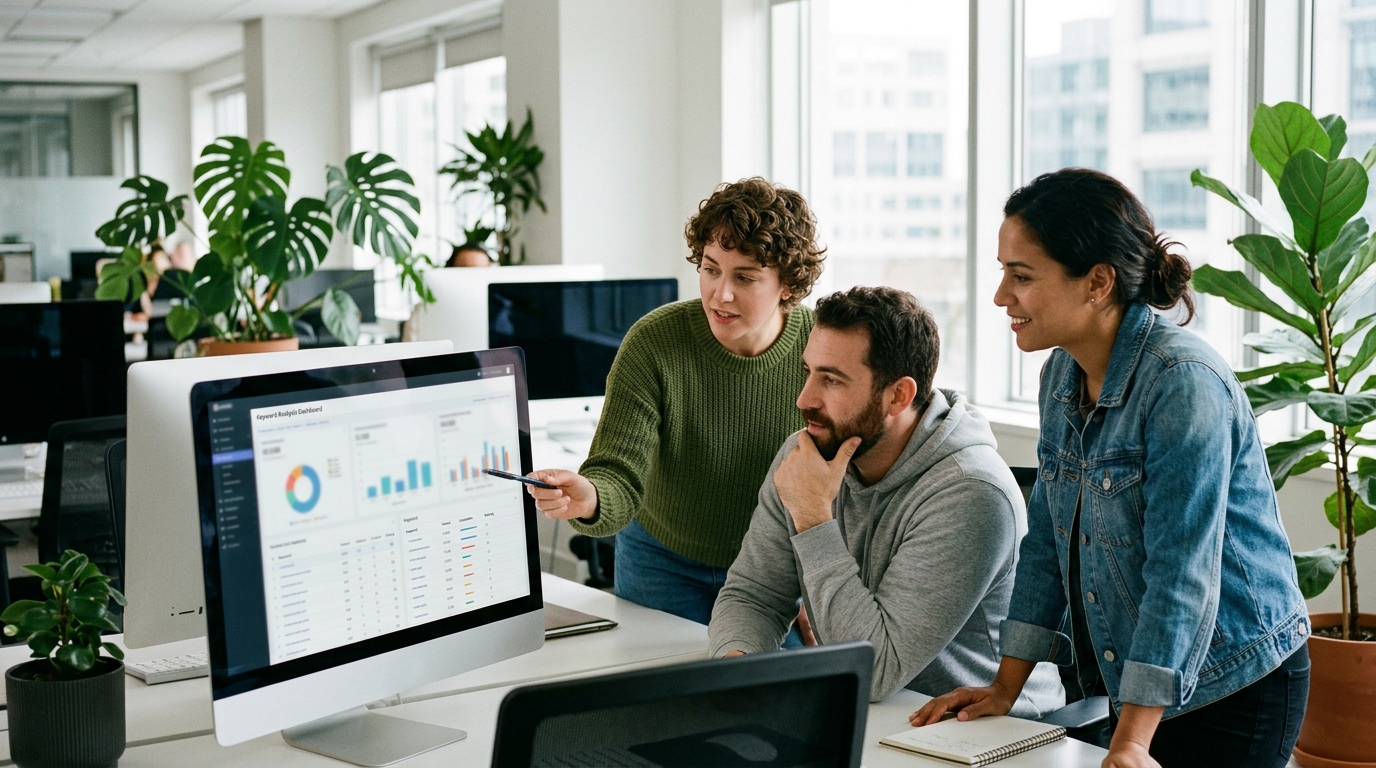A diverse team of content strategists collaborating around a large monitor in a modern office, reviewing SEO data.