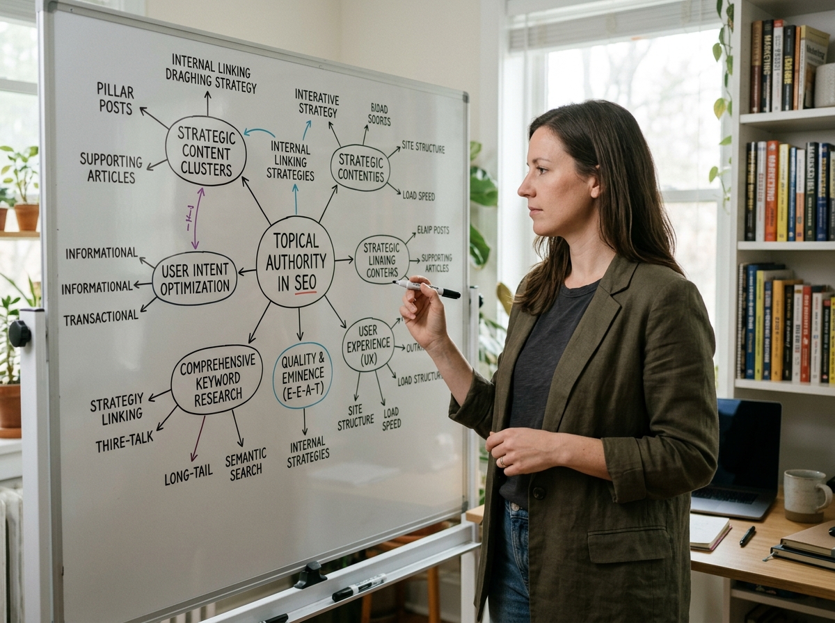 A solo entrepreneur brainstorming a content strategy using a mind map on a whiteboard.