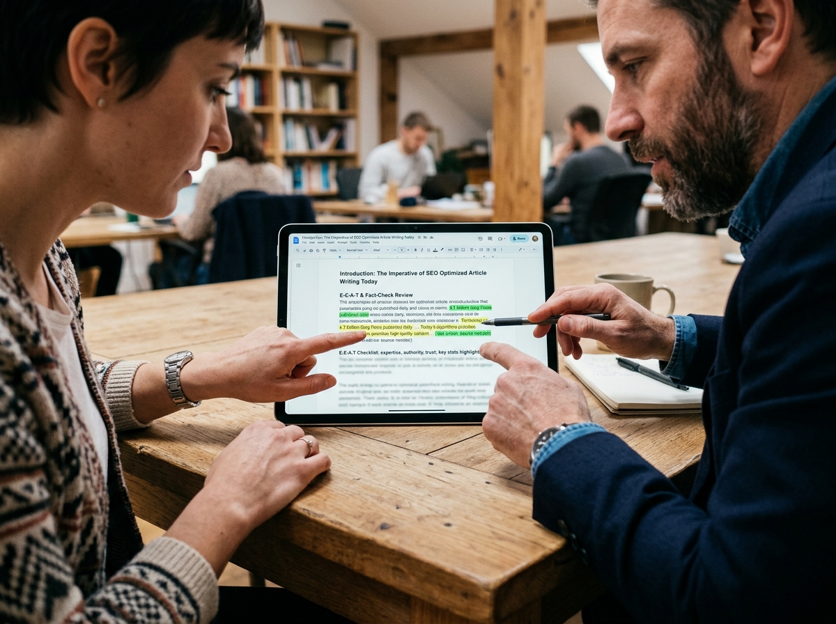 An editor and writer reviewing an article draft on a tablet, focusing on fact-checking and accuracy.