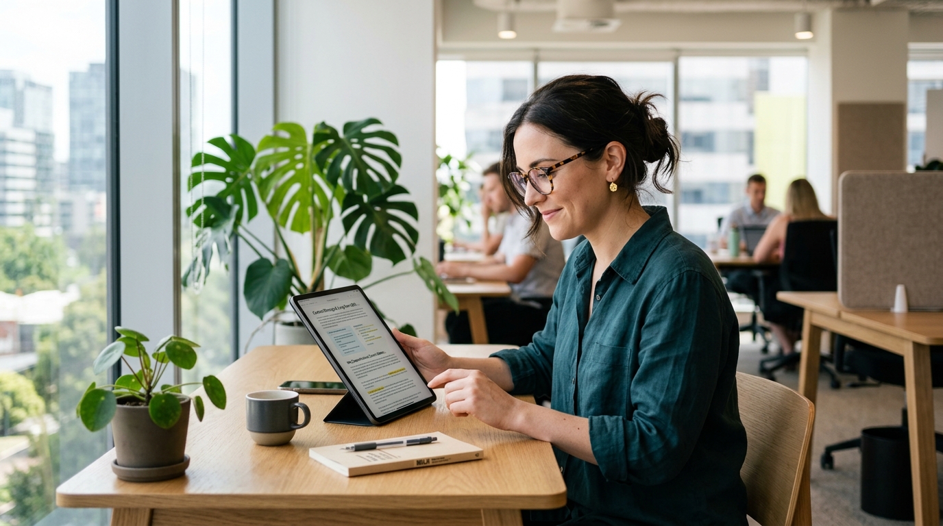 A content strategist reviewing an article on a tablet in a modern, bright office.