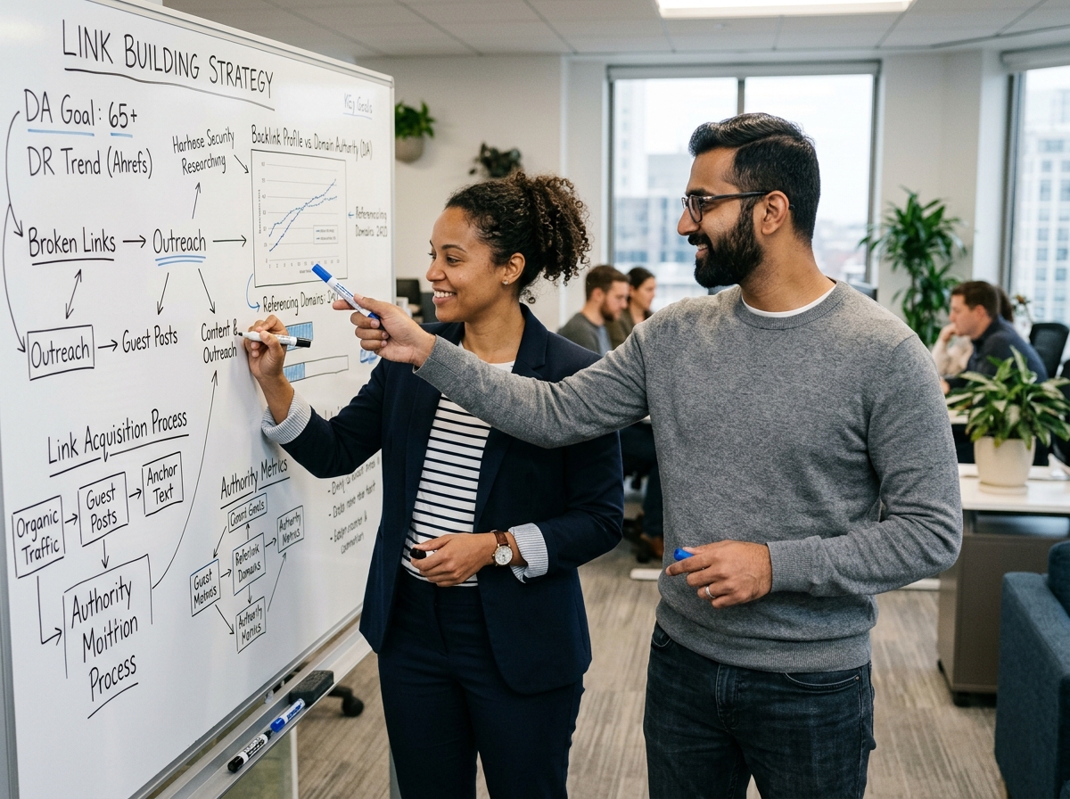 Two SEO professionals collaborating on a backlink strategy using a whiteboard.