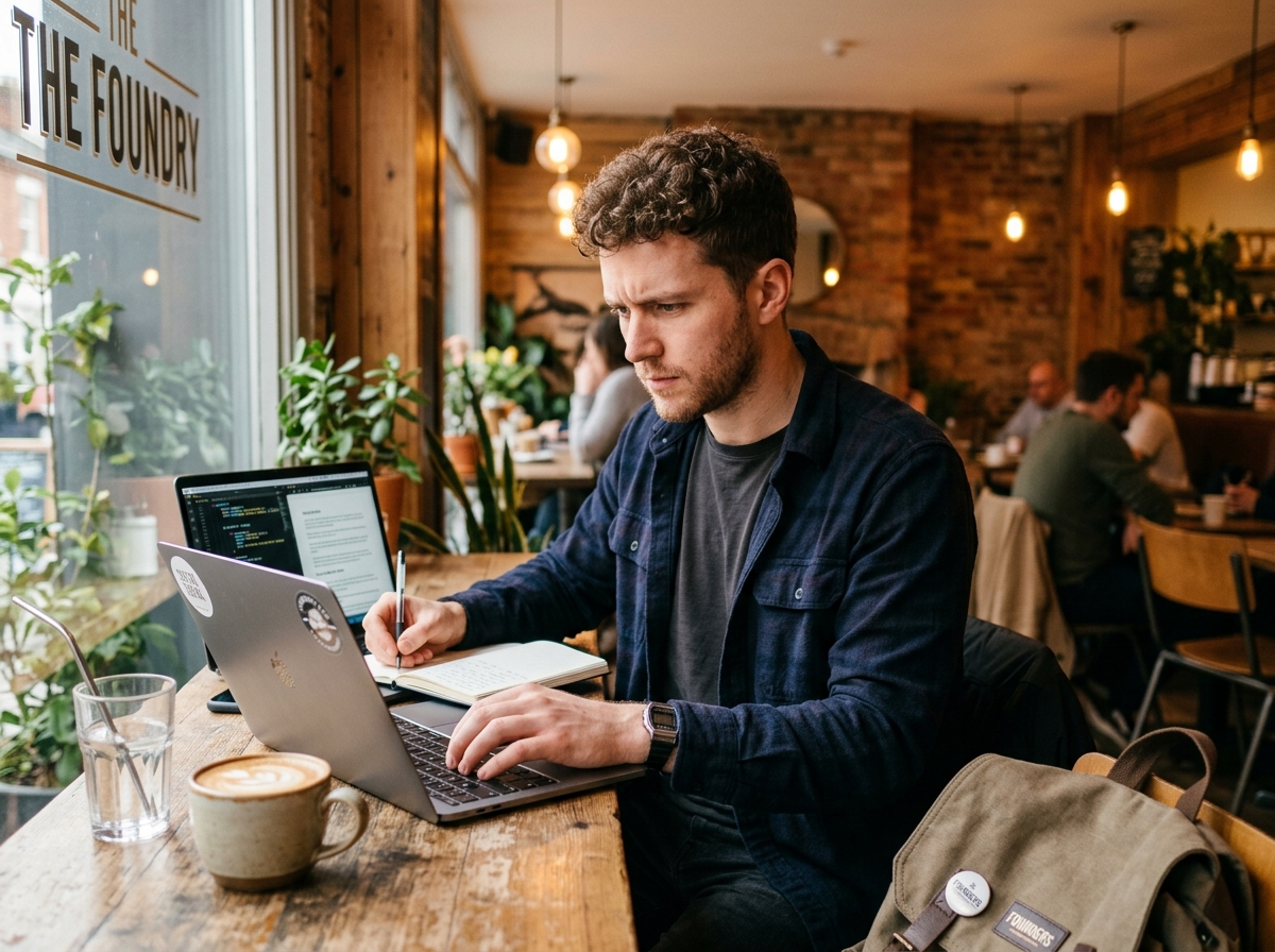 A solo founder working on their laptop in a cozy cafe, focused on writing content.