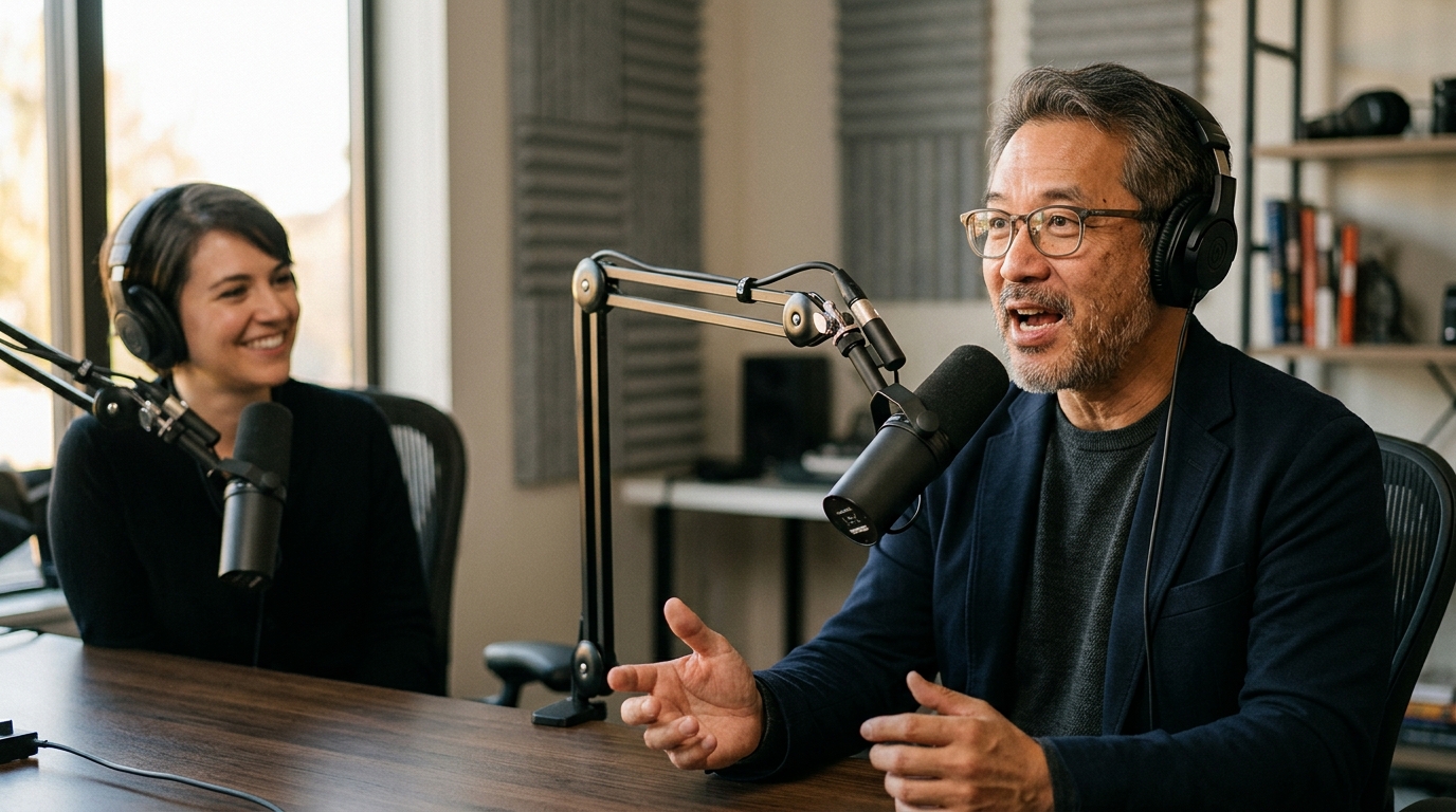 A marketing professional taking notes while listening to an SEO podcast on a laptop in a modern office.