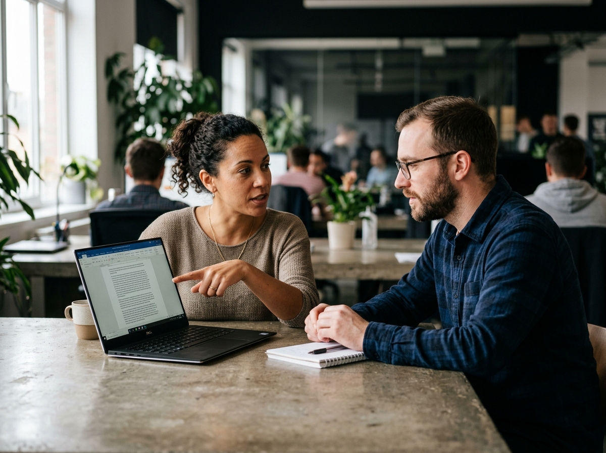 A solo founder smiling while reviewing a newly published blog post on their website from their home office.