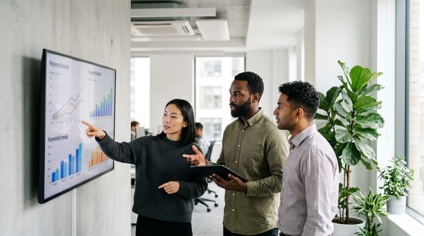A diverse team of content strategists collaborating in a modern office, reviewing SEO analytics on a large screen.