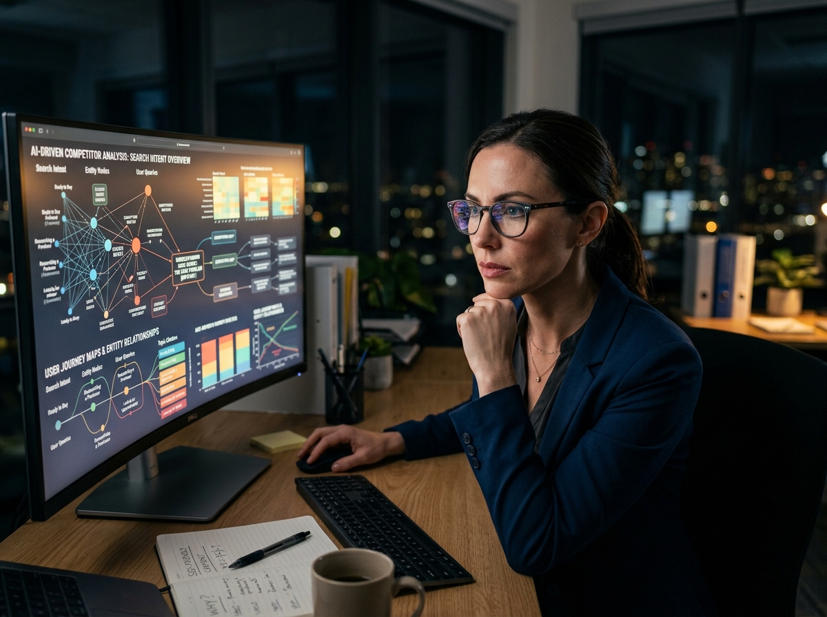 A data analyst looking intently at a screen displaying a complex competitor analysis visualization, representing AI's power in SEO.