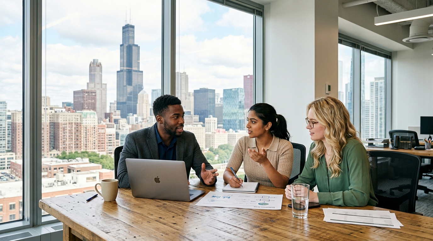 A diverse team of startup founders collaborating around a large table in a modern Chicago office with a panoramic view of the city skyline t