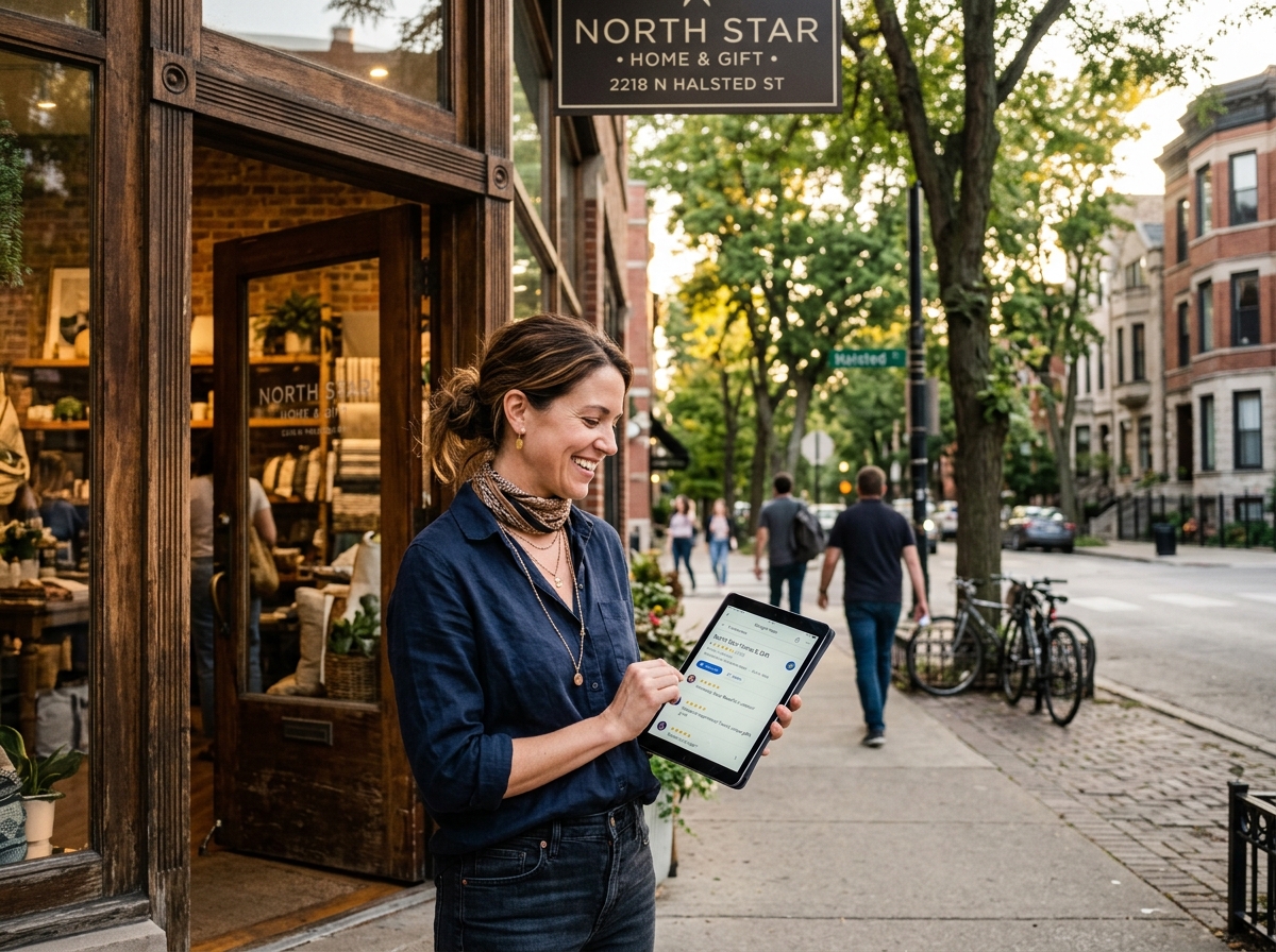 A small business owner in a cozy Chicago neighborhood checking her tablet which displays local business listings.