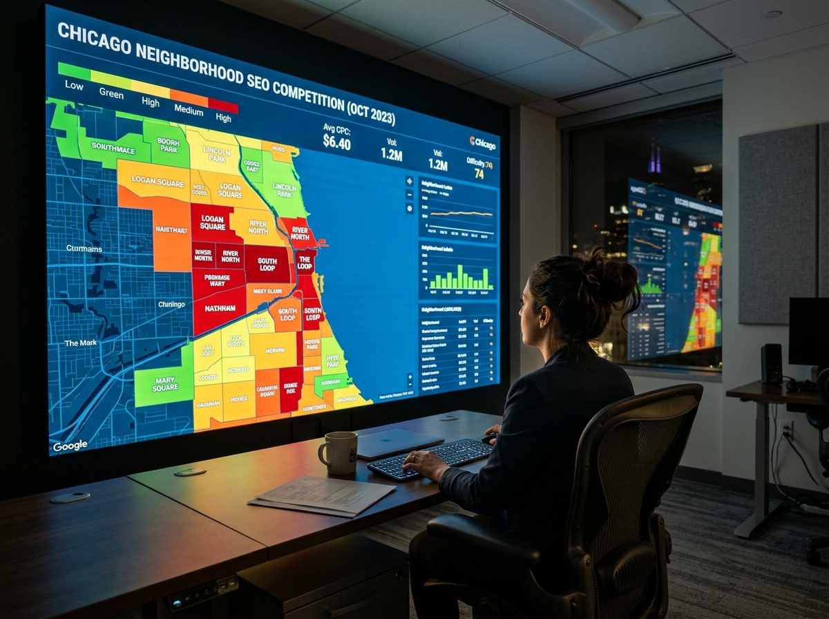 A marketing professional analyzing a complex data visualization of Chicago neighborhoods on a large screen, representing AI-driven competito