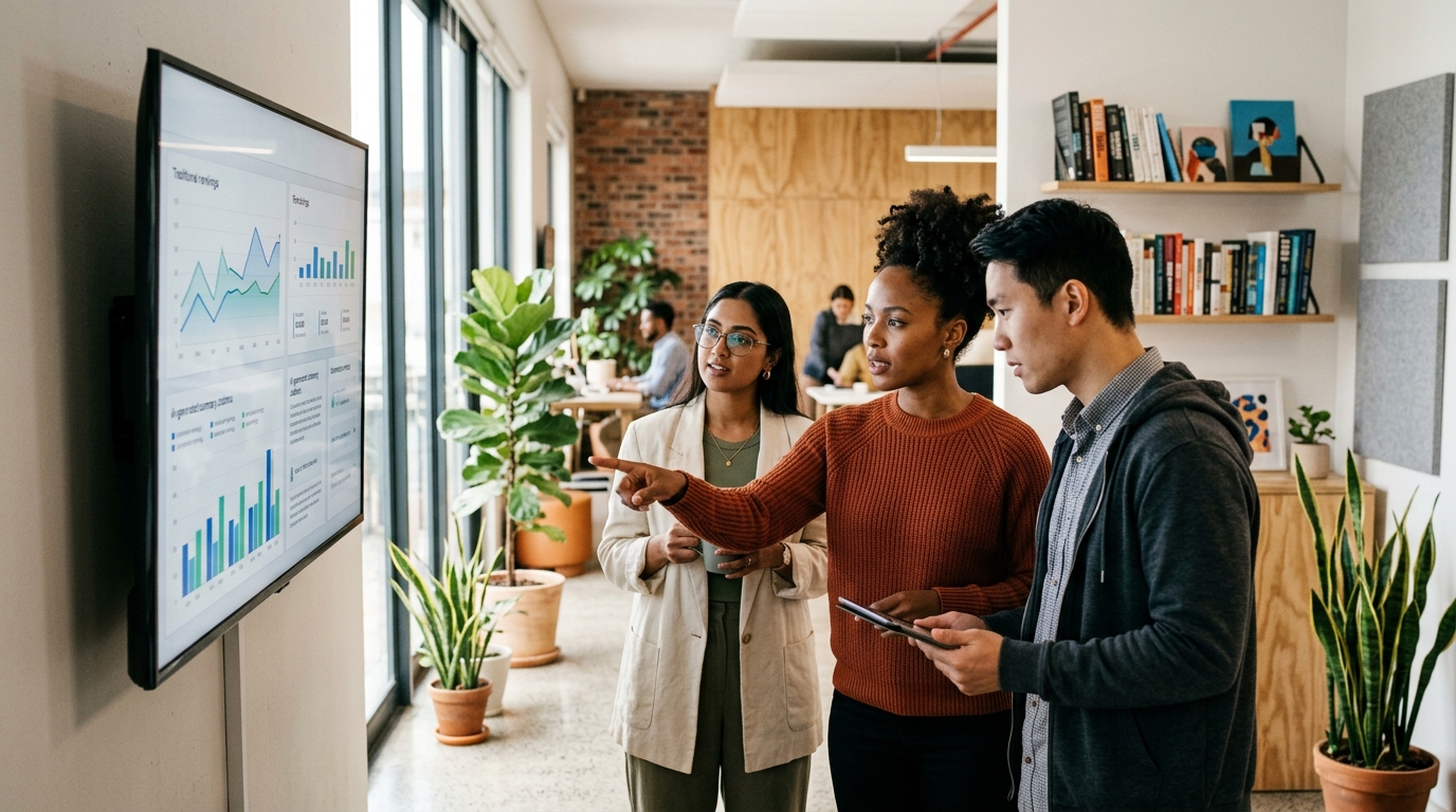 A diverse team of marketing professionals reviewing an AI content optimization dashboard in a modern office.