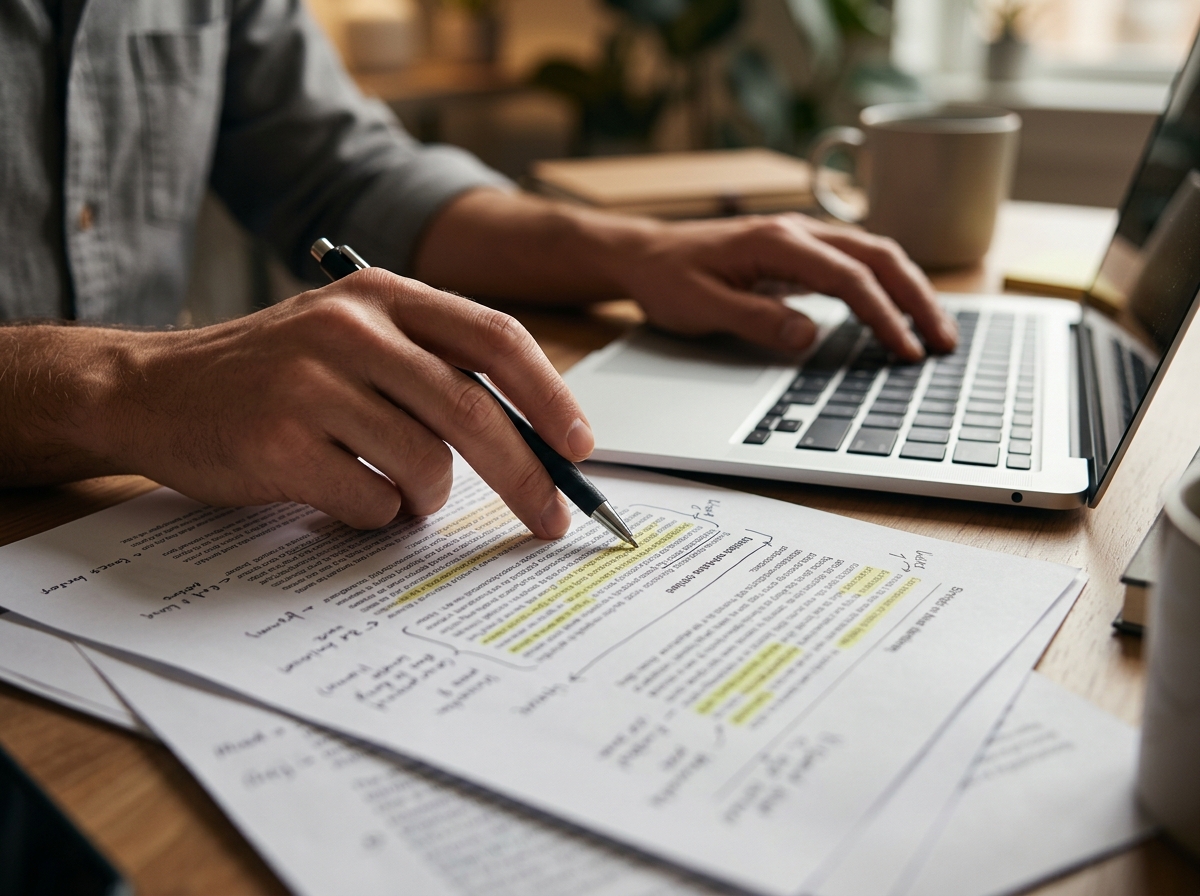 A close-up of a content strategist's hands refining an article outline, symbolizing the human touch in content creation.