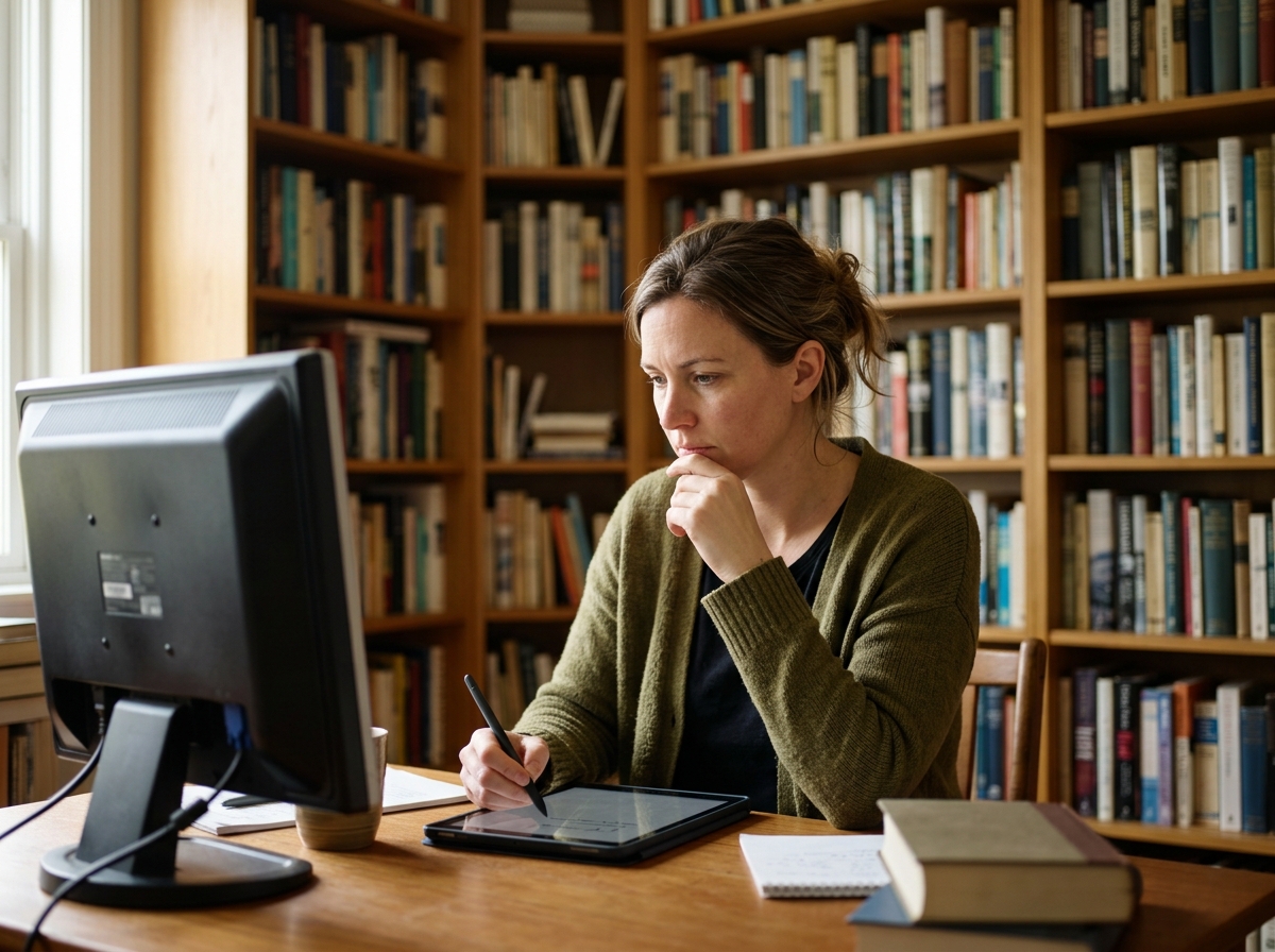 An expert writer thoughtfully editing an AI-generated text, adding unique insights and expertise.