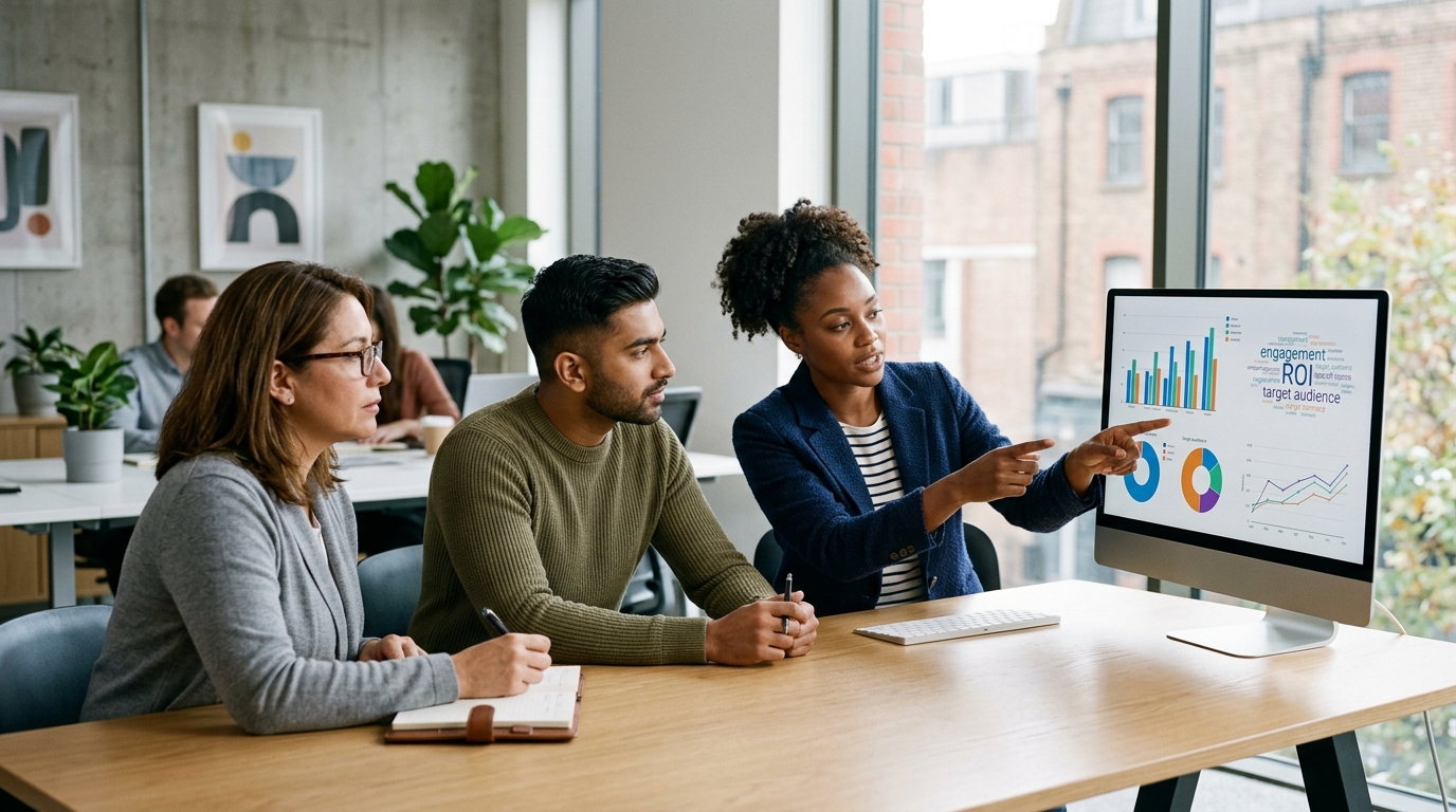 A diverse content strategy team collaborating around a large screen displaying SEO analytics in a modern, well-lit office.