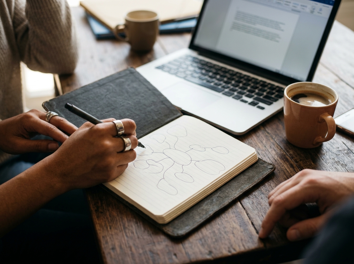 A content writer sketching out an article structure in a notebook with a laptop open next to them.