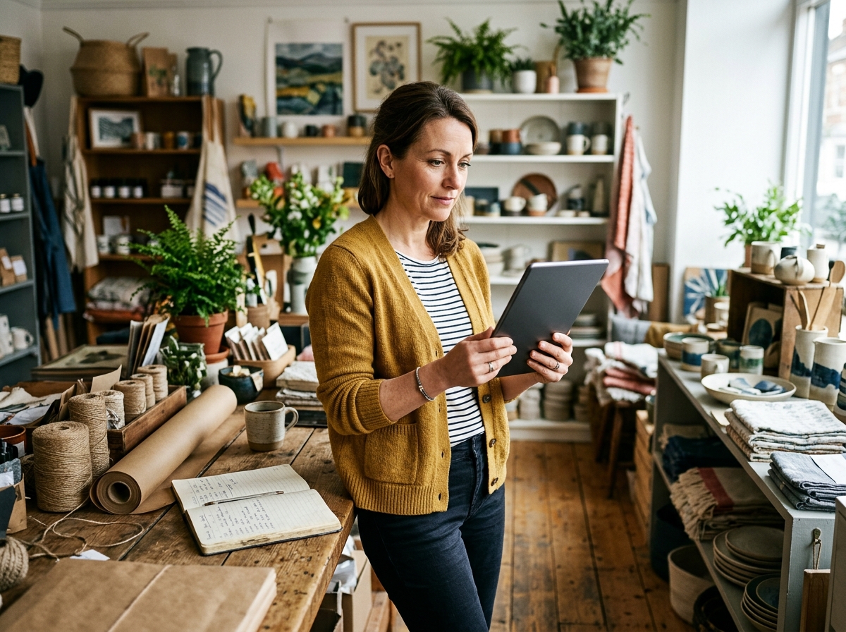A small business owner reviewing a content performance dashboard on a tablet in their shop.