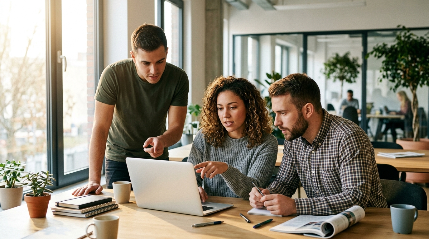 A small team of startup founders collaborating on an SEO content strategy in a modern office.