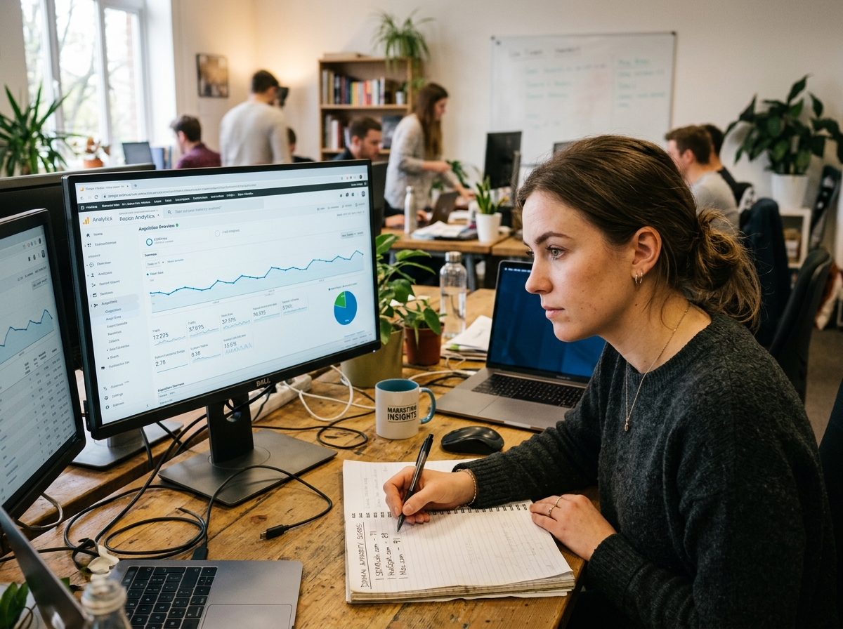 A marketing analyst carefully reviewing website analytics to select the best article submission sites.