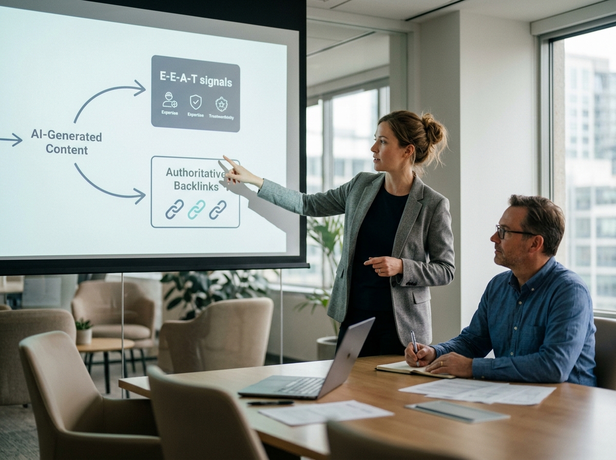 An SEO specialist presenting how AI-generated content can build E-E-A-T signals for a client.