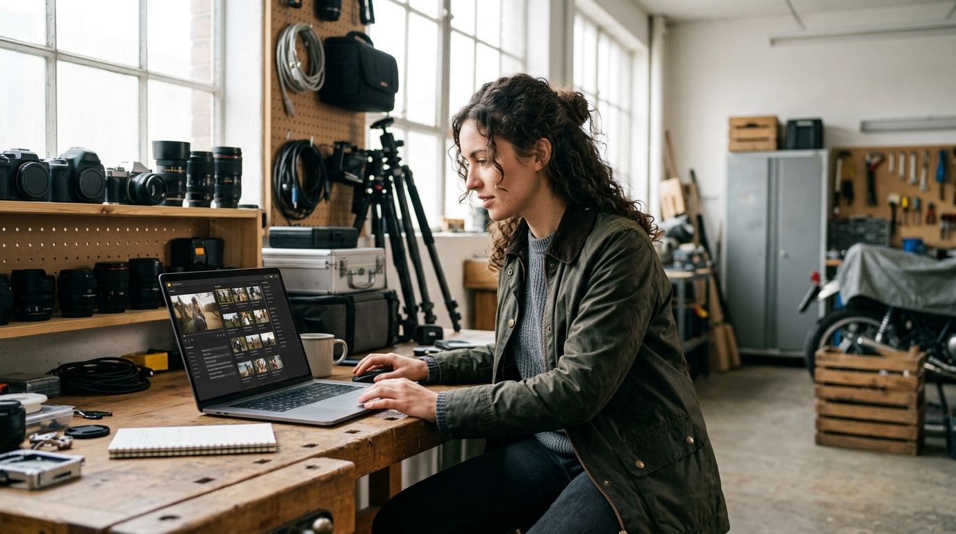 A videographer reviewing AI-generated keywords for their footage on a laptop in a modern studio.