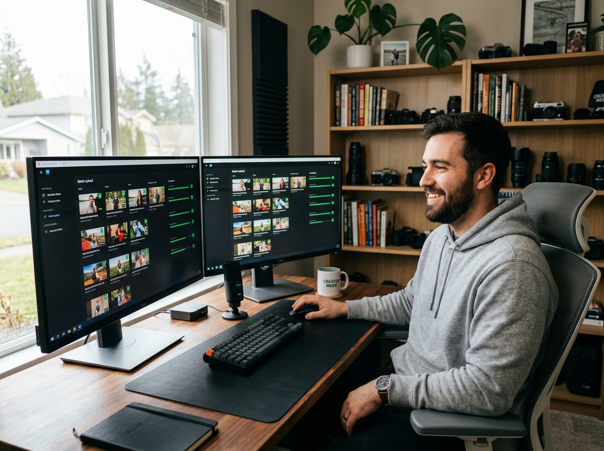 A microstock contributor efficiently managing a large batch of video submissions on their computer.