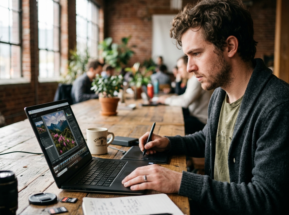 A freelance photographer using an AI keywording tool on a laptop at a co-working space.